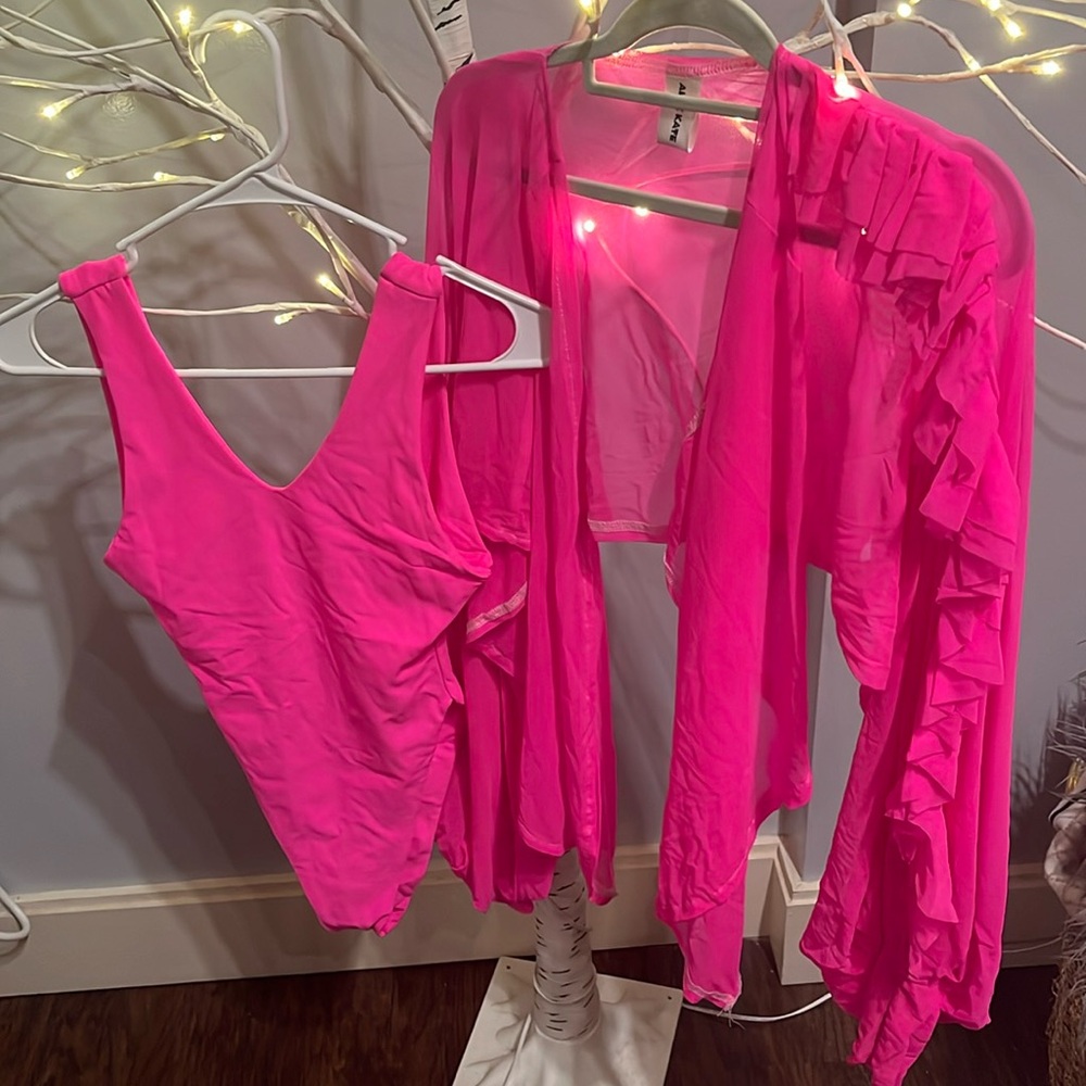 Alex Kate custom 2 piece neon pink full piece body suit with matching coverup